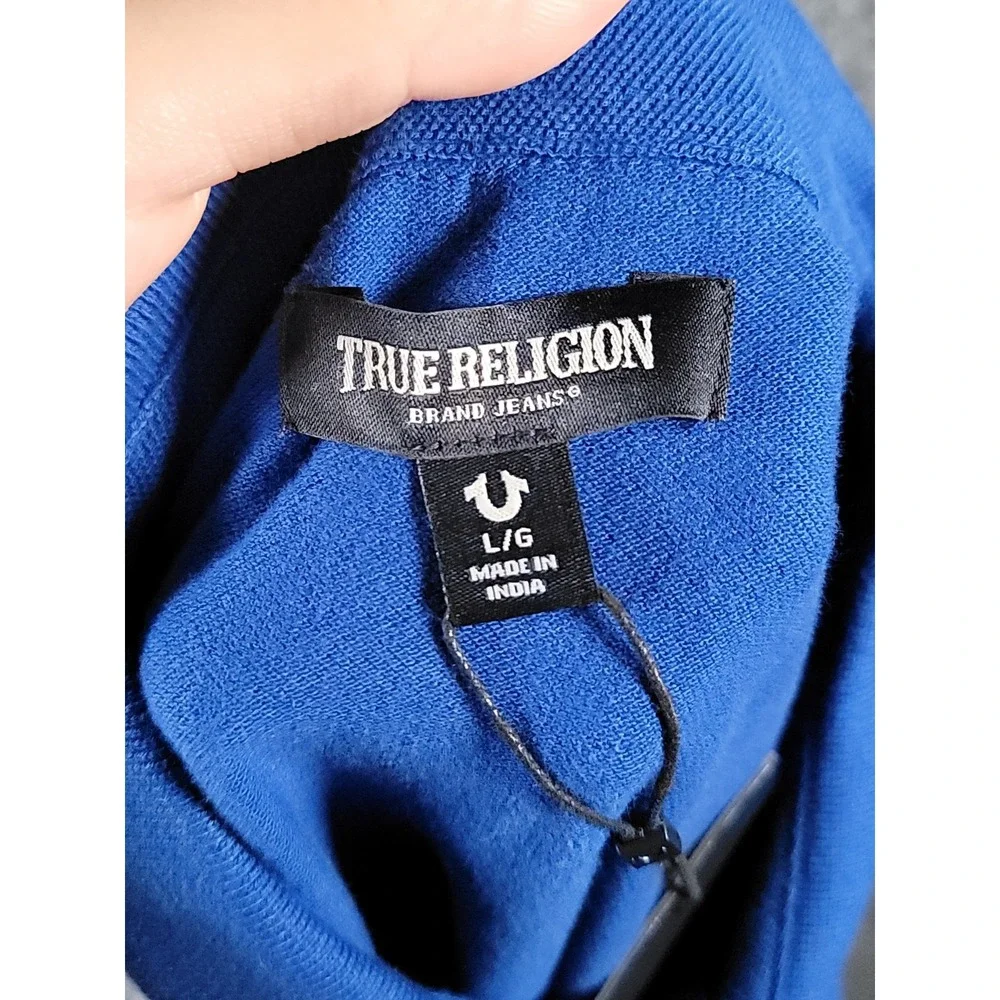 True Religion Polo Shirt Mens Large Blue Embroidered Rugby Relaxed Fit NWT $80